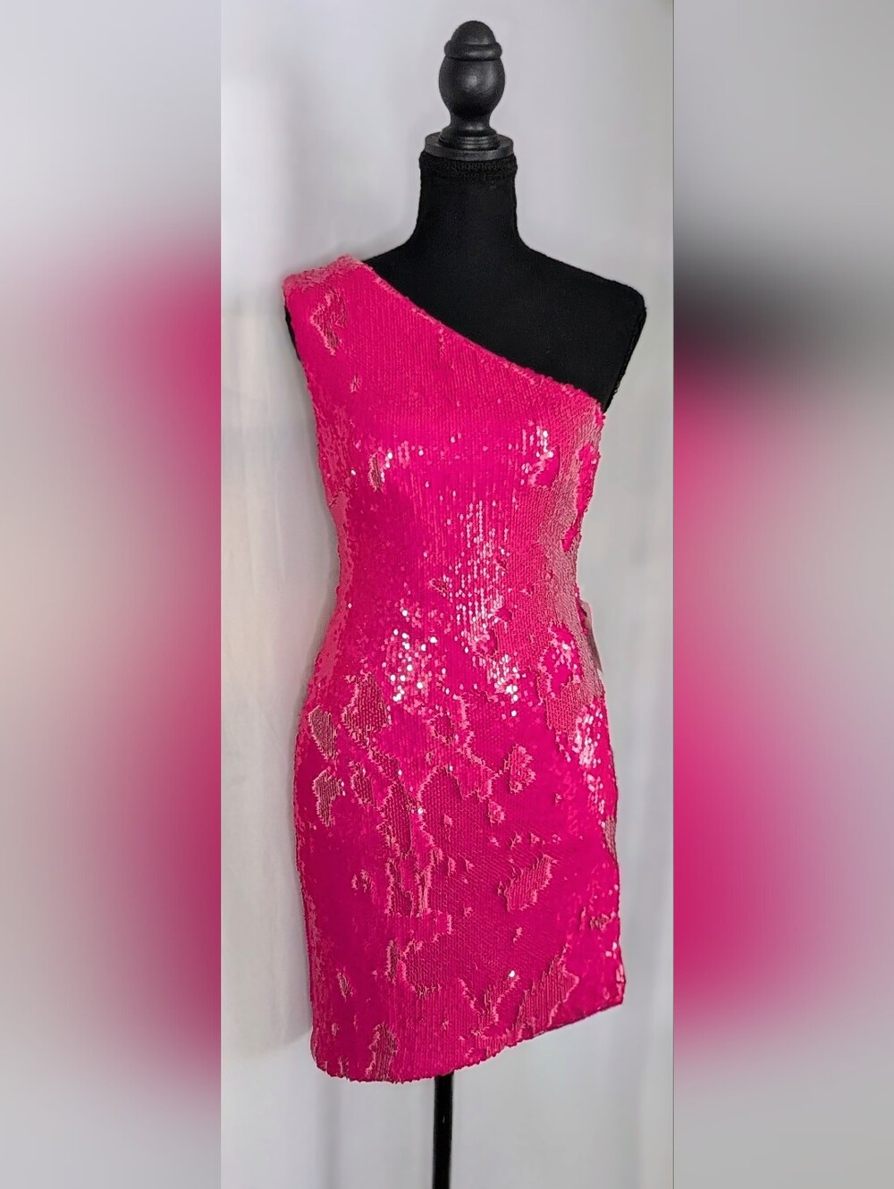 NWT Dress the Population Taryn Hot Pink Sequin One Shoulder Mini Dress S